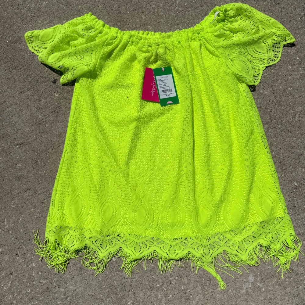 Lilly Pulitzer Marble Lace Top Loro Green Neon Fringe Off Shoulder 26074 NWT M